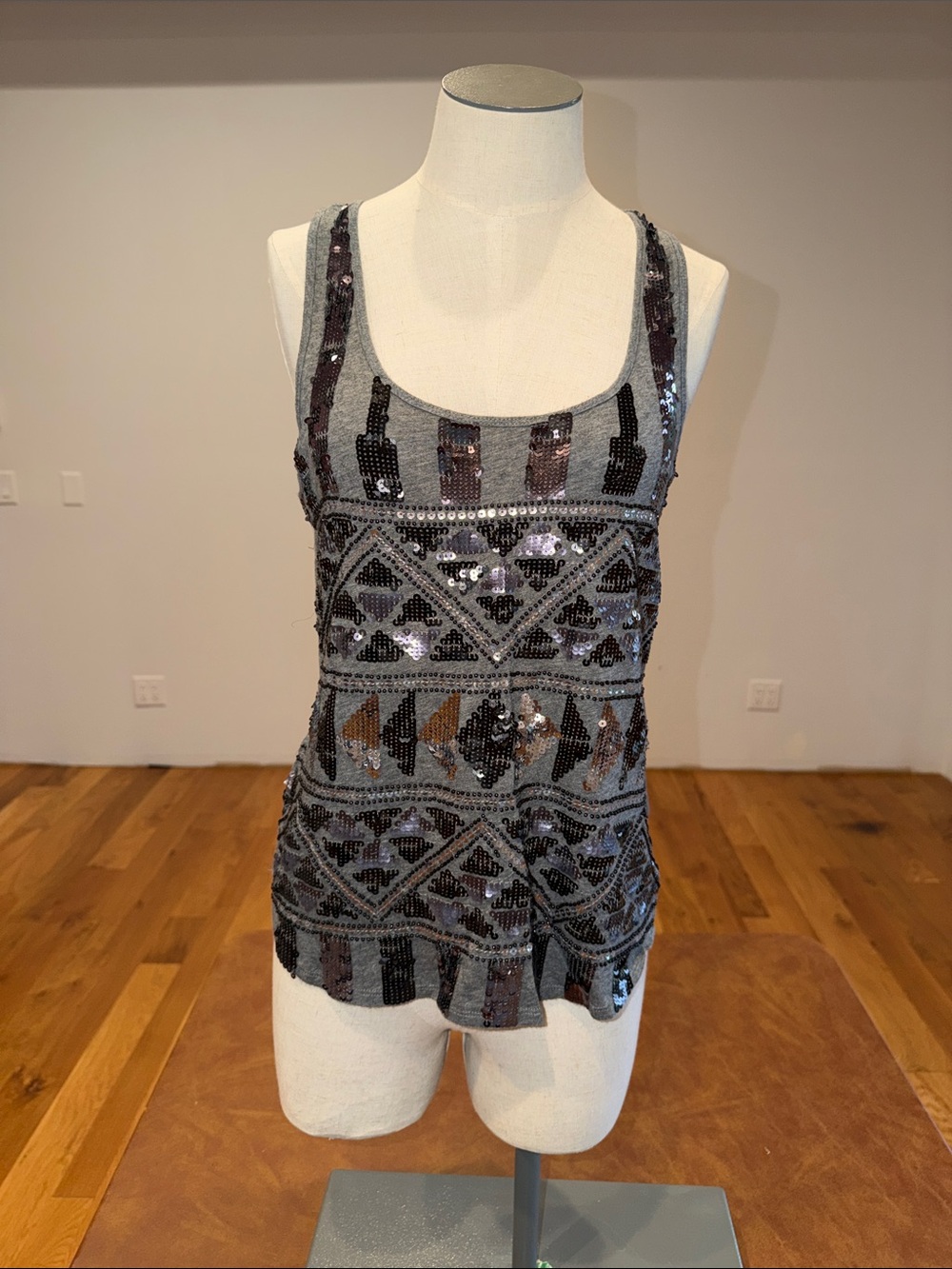 Express Gray and Black Sequin Scoop Neck Tank